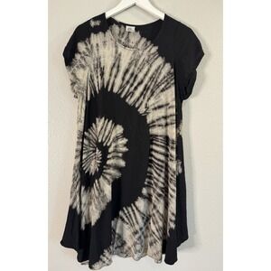 Unique Batik Black White Spiral Tye Dye  Batik Dress Artsy Hippie Shift Tunic L